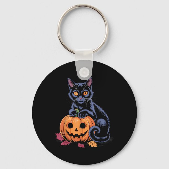 Black Cat Pumpkin Halloween Costume Retro Fall Key Ring (Front)
