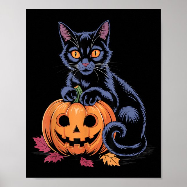 Black Cat Pumpkin Halloween Costume Retro Fall Poster (Front)