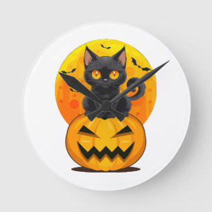 Black Cat Pumpkin Halloween Costume Round Clock