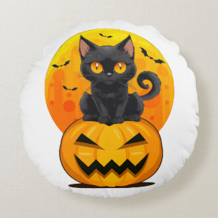 Black Cat Pumpkin Halloween Costume Round Cushion