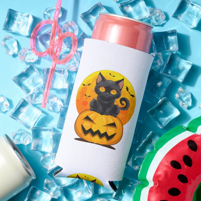 Black Cat Pumpkin Halloween Costume Seltzer Can Cooler (In Situ Summer)
