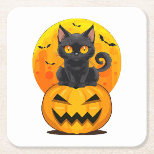Black Cat Pumpkin Halloween Costume  Square Paper Coaster