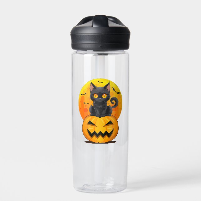 Black Cat Pumpkin Halloween Costume Water Bottle (Front)