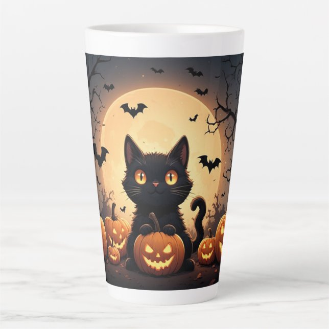 Black Cat Pumpkin Halloween Moon Night 🐈‍⬛ Latte Mug (Front)