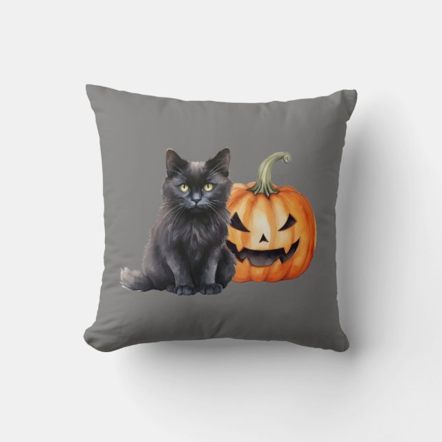Black Cat & Pumpkin Halloween Throw Pillow (Front)