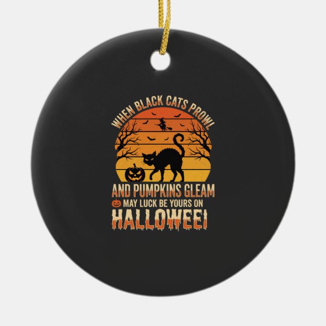 Black Cat Pumpkin Halloween Vector Design Ceramic Tree Decoration (Front)