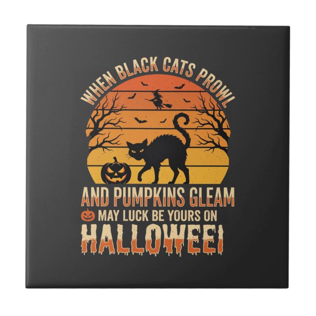 Black Cat Pumpkin Halloween Vector Design Tile (Front)