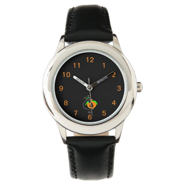 Black Cat Pumpkin Kid's Black Leather Strap Watch (Front)