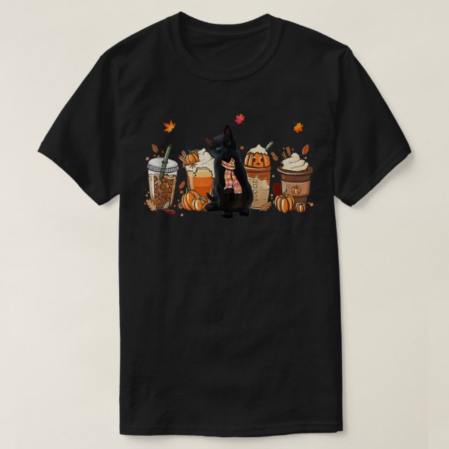 Black Cat Pumpkin Latte Fall Coffee Autumn Season  T-Shirt (Design Front)
