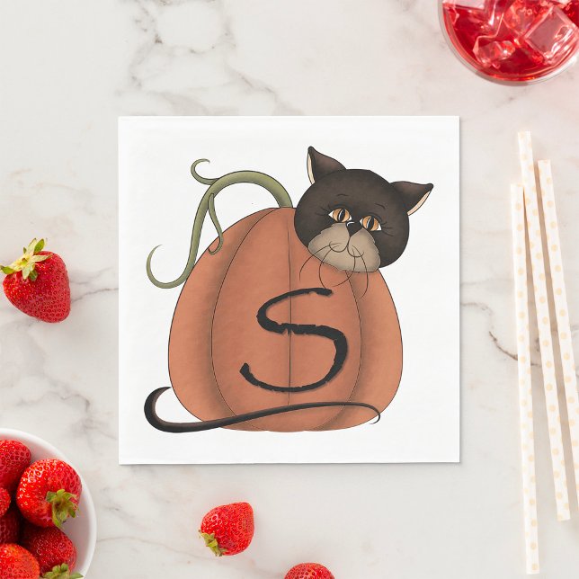 Black Cat Pumpkin Letter S Halloween Napkin (Creator Uploaded)