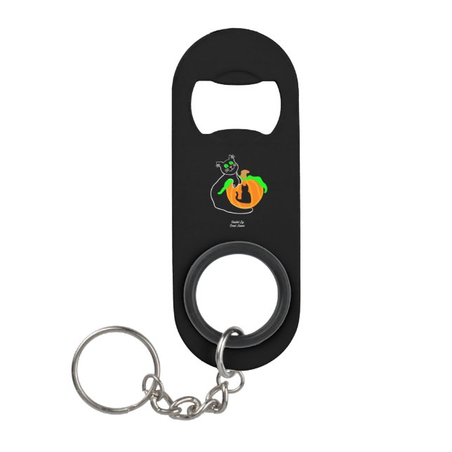 Black Cat Pumpkin Mini Bottle Opener Keychain (Front)
