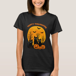 Black Cat Pumpkin Moon Bats Happy Halloween Kitten T-Shirt
