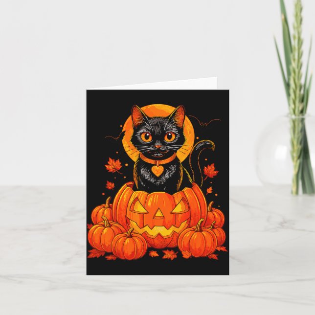Black Cat Pumpkin Moon Halloween Autumn Fall Card (Front)