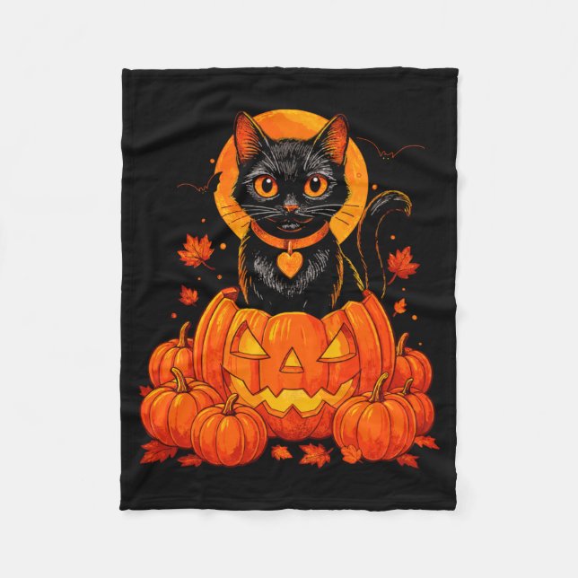 Black Cat Pumpkin Moon Halloween Autumn Fall Fleece Blanket (Front)