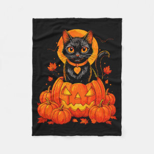 Black Cat Pumpkin Moon Halloween Autumn Fall Fleece Blanket