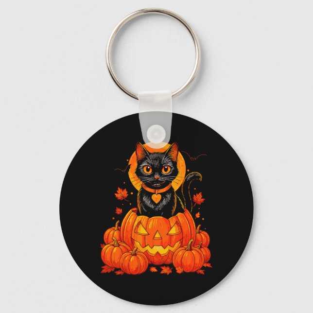 Black Cat Pumpkin Moon Halloween Autumn Fall Key Ring (Front)