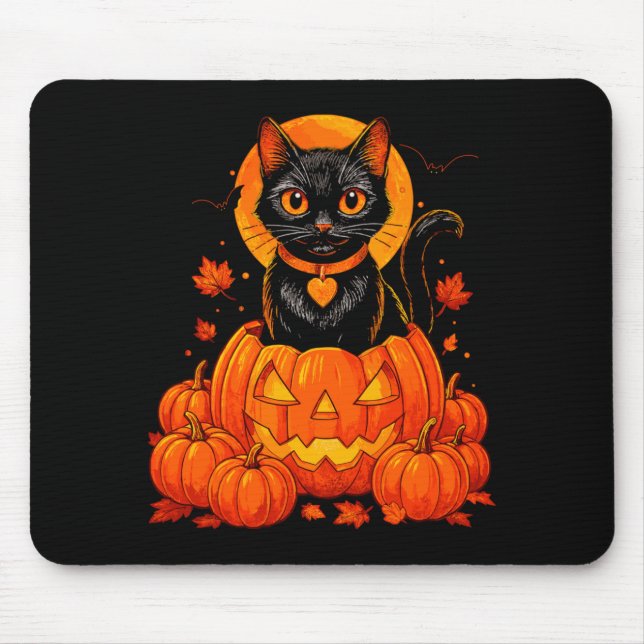 Black Cat Pumpkin Moon Halloween Autumn Fall Mouse Mat (Front)
