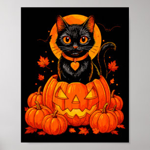 Black Cat Pumpkin Moon Halloween Autumn Fall Poster