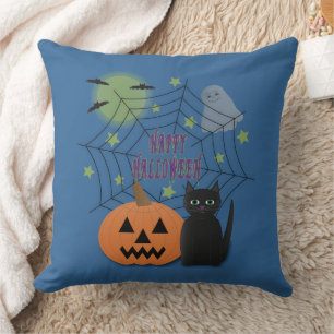 Black Cat & Pumpkin Not Scary Halloween Cushion