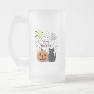 Black Cat & Pumpkin Not Scary Halloween Frosted Glass Beer Mug