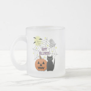 Black Cat & Pumpkin Not Scary Halloween Frosted Glass Coffee Mug