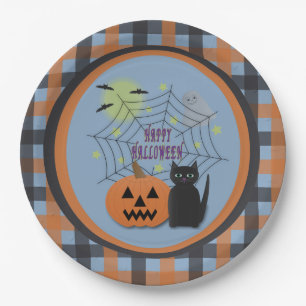 Black Cat & Pumpkin Not Scary Halloween Paper Plate