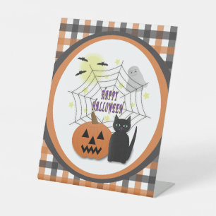 Black Cat & Pumpkin Not Scary Halloween Pedestal Sign