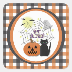 Black Cat & Pumpkin Not Scary Halloween Square Sticker