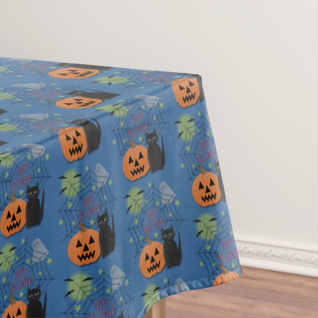 Black Cat & Pumpkin Not Scary Halloween Tablecloth (In Situ)