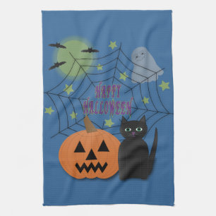 Black Cat & Pumpkin Not Scary Halloween Tea Towel