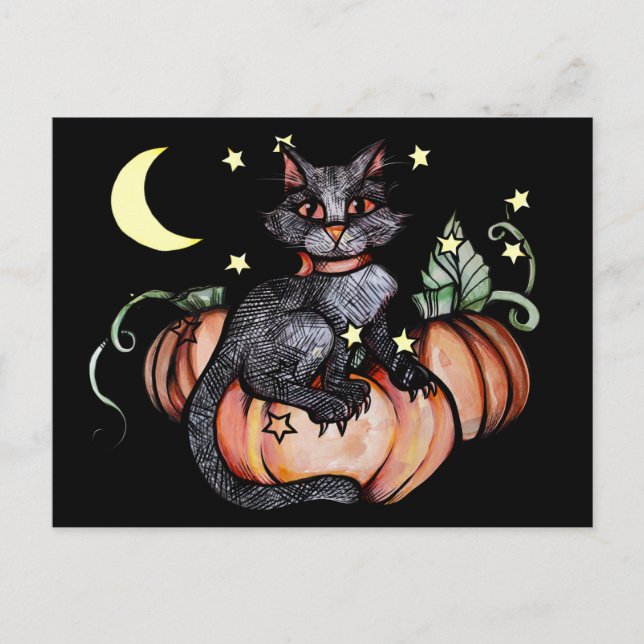 Black Cat Pumpkin Patch Moon                       Postcard (Front)