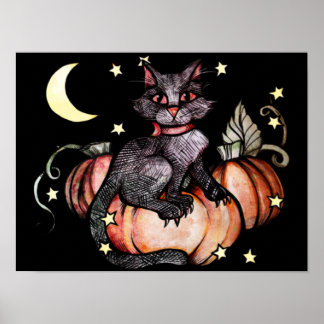 Black Cat Pumpkin Patch Moon Poster