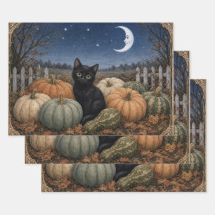 Black Cat Pumpkin Patch Vintage Wrapping Paper Sheet