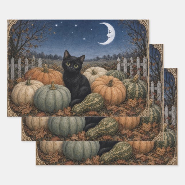 Black Cat Pumpkin Patch Vintage Wrapping Paper Sheet (Set)