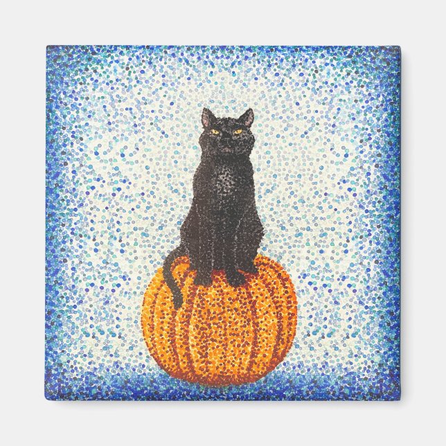 Black Cat Pumpkin Pointillism Halloween Magnet (Front)