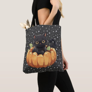 Black Cat Pumpkin Polka Dots Black Halloween Tote Bag