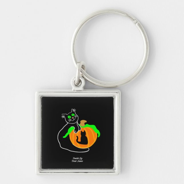 Black Cat Pumpkin Premium Square Keychain (Front)