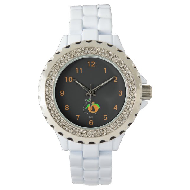 Black Cat Pumpkin Rhinestone White Enamel Watch (Front)