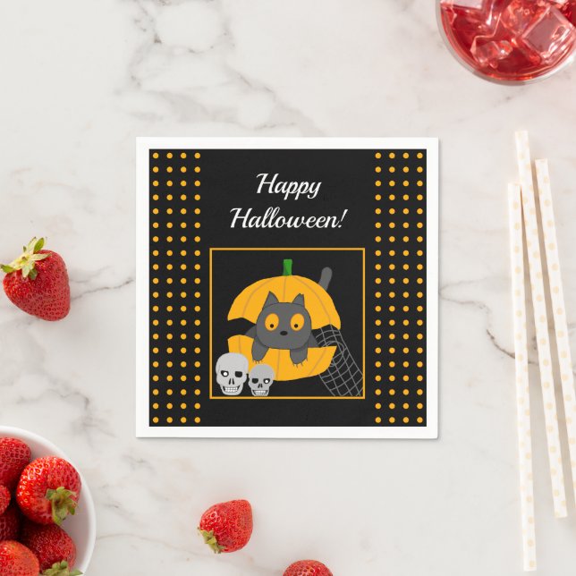 Black Cat Pumpkin Skulls Kids Halloween  Napkin (Insitu)