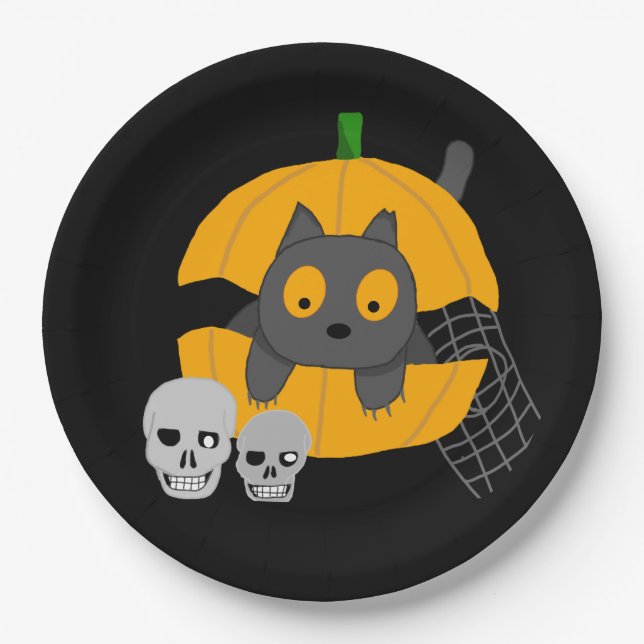 Black Cat Pumpkin Skulls Kids Halloween Paper Plate (Front)