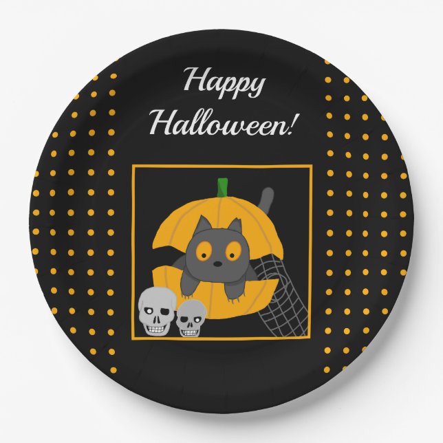 Black Cat Pumpkin Skulls Kids Halloween Party Paper Plate (Front)