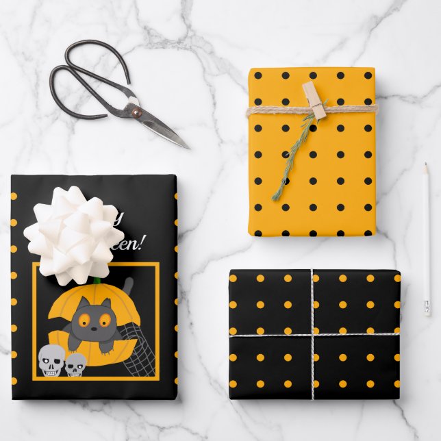 Black Cat Pumpkin Skulls Kids Halloween Wrapping Paper Sheet (Front)