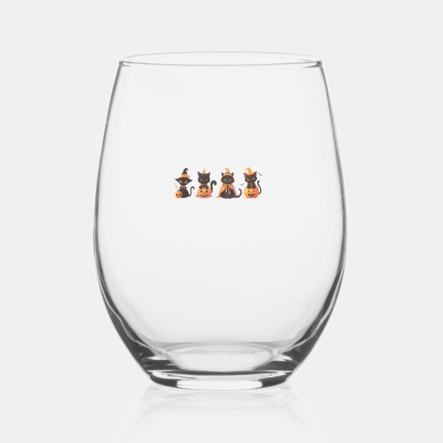 Black Cat Pumpkin  Stemless Wine Glass (Front)