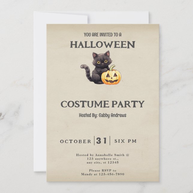 Black Cat Pumpkin Vintage Halloween Costume Invitation (Front)