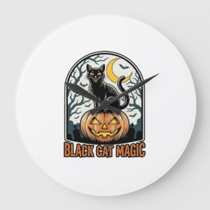 Black Cat Pumpkin Vintage Halloween Engraving_1 Large Clock