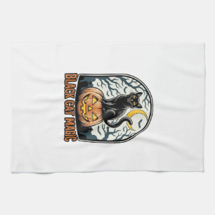 Black Cat Pumpkin Vintage Halloween Engraving_1 Tea Towel