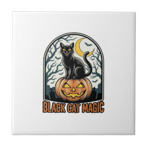 Black Cat Pumpkin Vintage Halloween Engraving_1 Tile