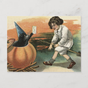 Black Cat Pumpkin Witch's Hat Broom Letter Postcard