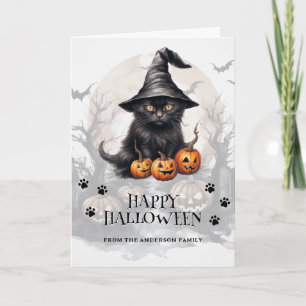 Black Cat Pumpkins Bats Full Moon Photo Halloween Card