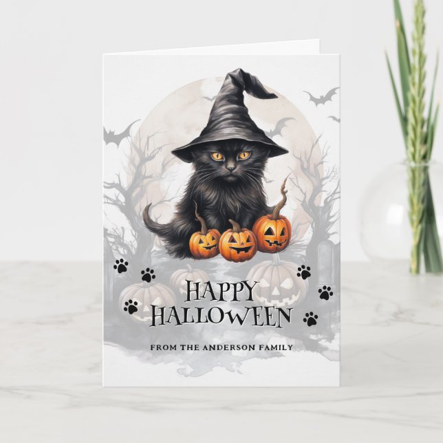 Black Cat Pumpkins Bats Full Moon Photo Halloween Card (Front)